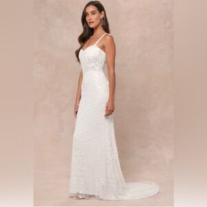 Lulu's Momentous Love White Beaded Bustier Mesh Mermaid Maxi Dress Med #1766 NWT